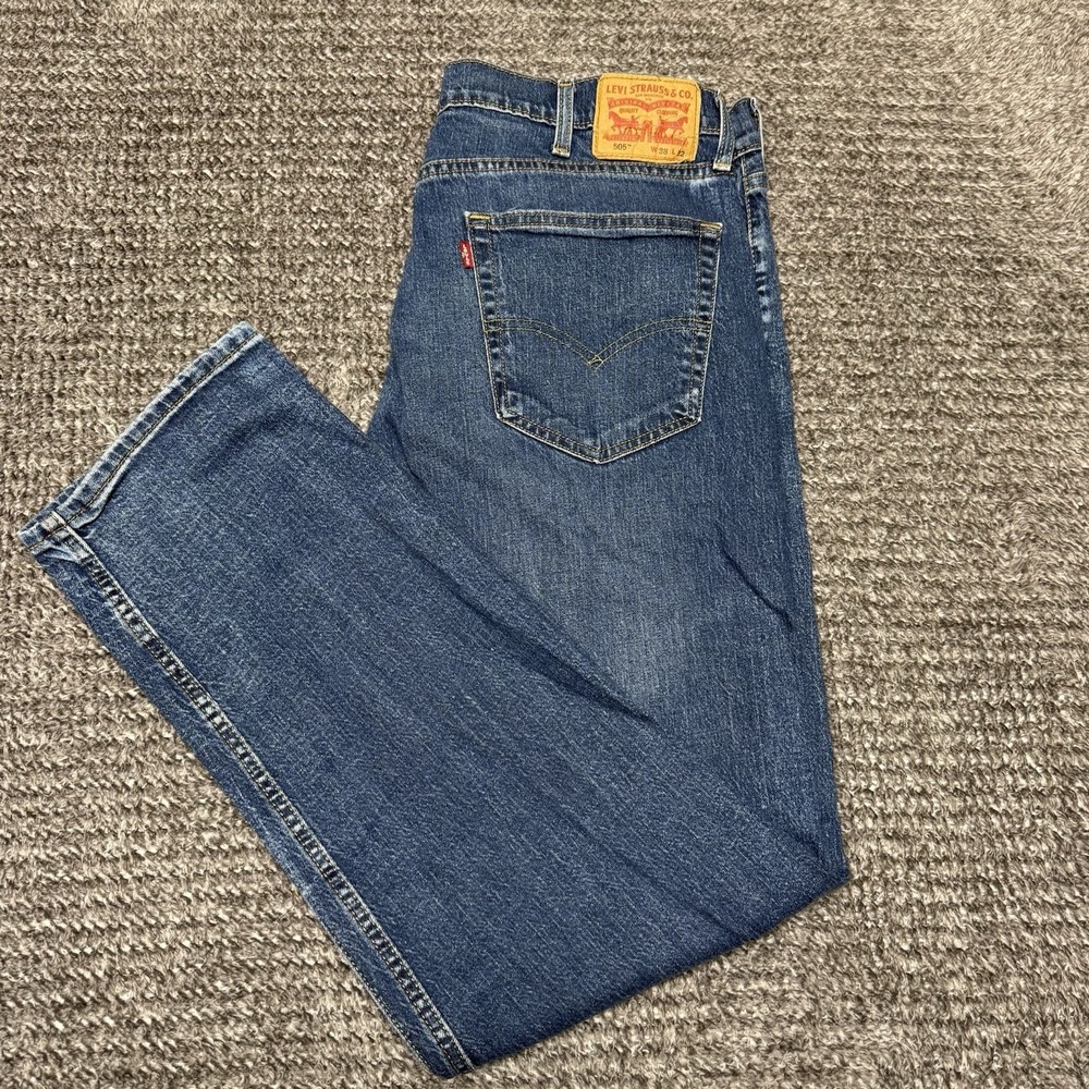 Levis 505 Relaxed Fit Tapered Blue Dark‎ Wash Denim Jeans Pants Mens Size 38x32